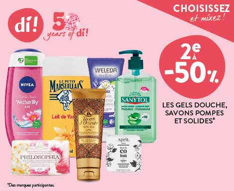 2°à 50% Les gels douche, savons pompes et solide* *des marques participantes