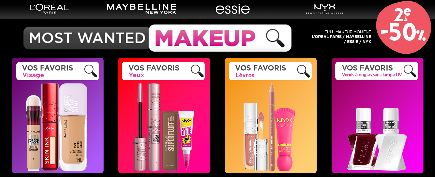 2e à -50% - le make-up L'Oréal, Maybelline, Essie, NYX