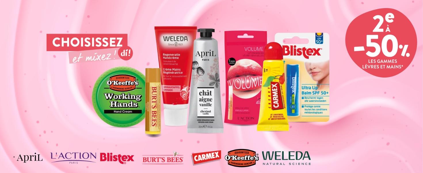 2° à 50% sur les gamme lèvres & mains des marque participantes