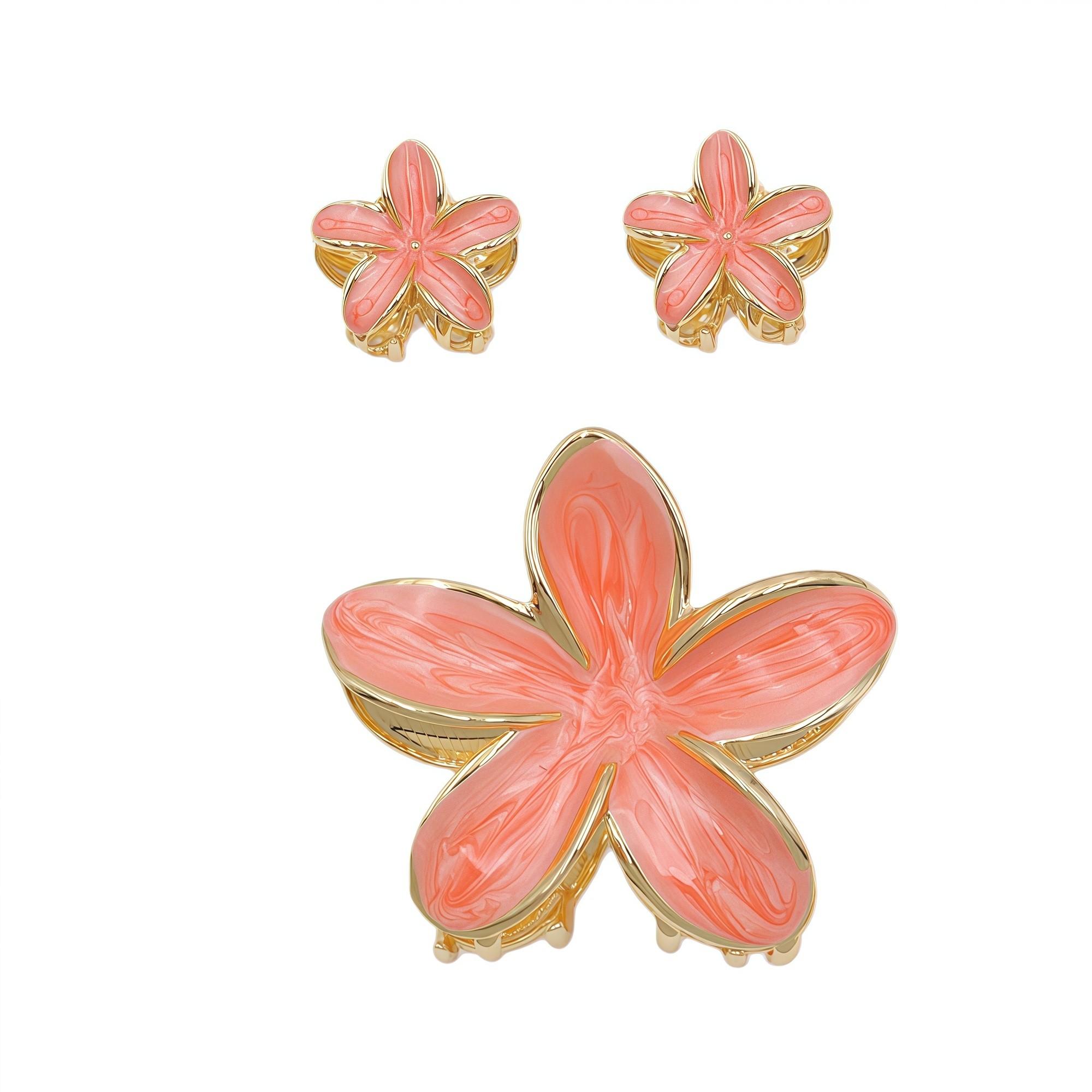 Frangipanibloemclip goud/koraal - 3 stuks