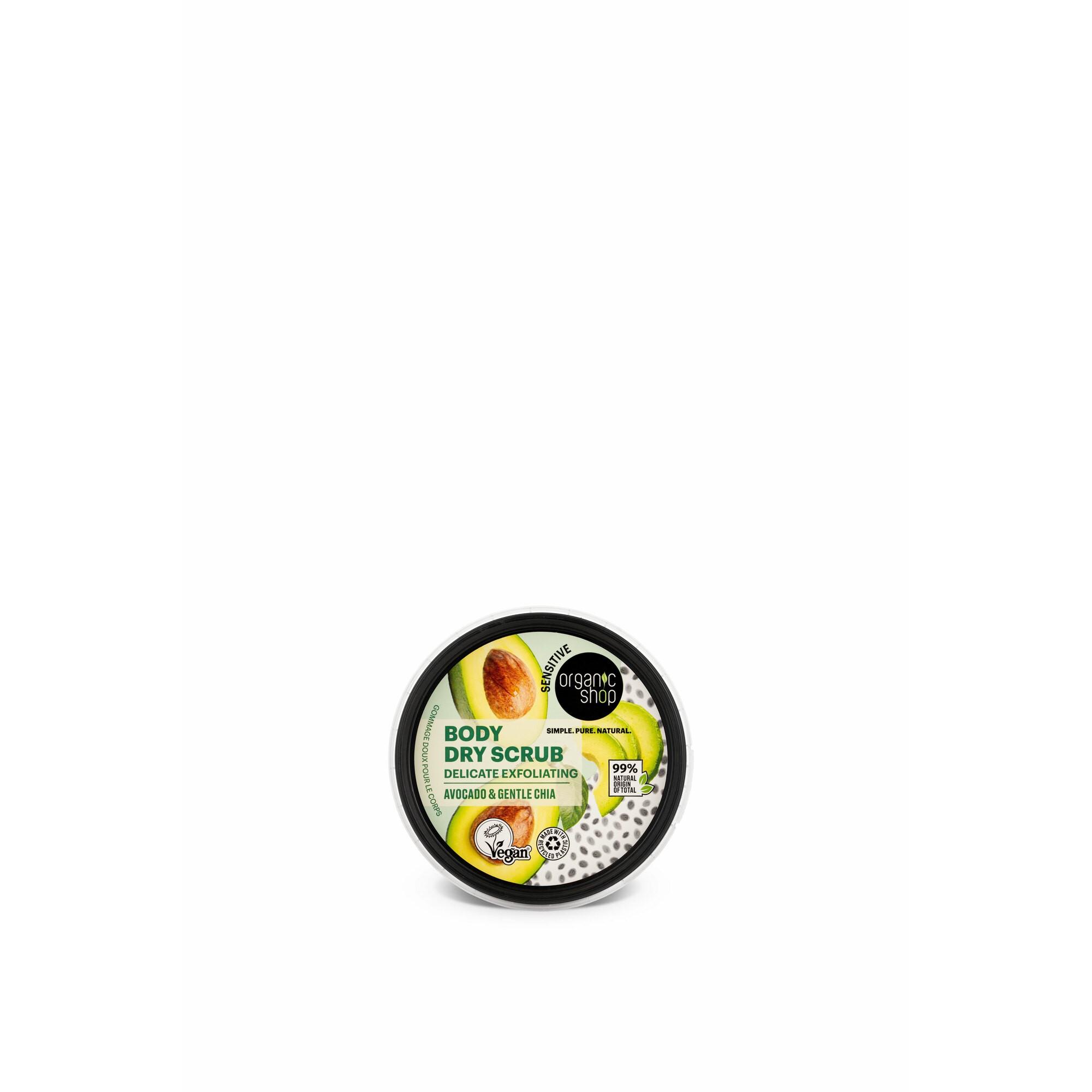 Gommage sec pour le corps délicat à l'avocat et au chia